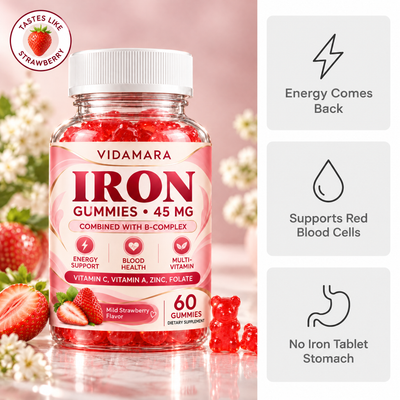 Vidamara Iron Gummies, energy comes back, supports red blood cells, no iron tablet stomach
